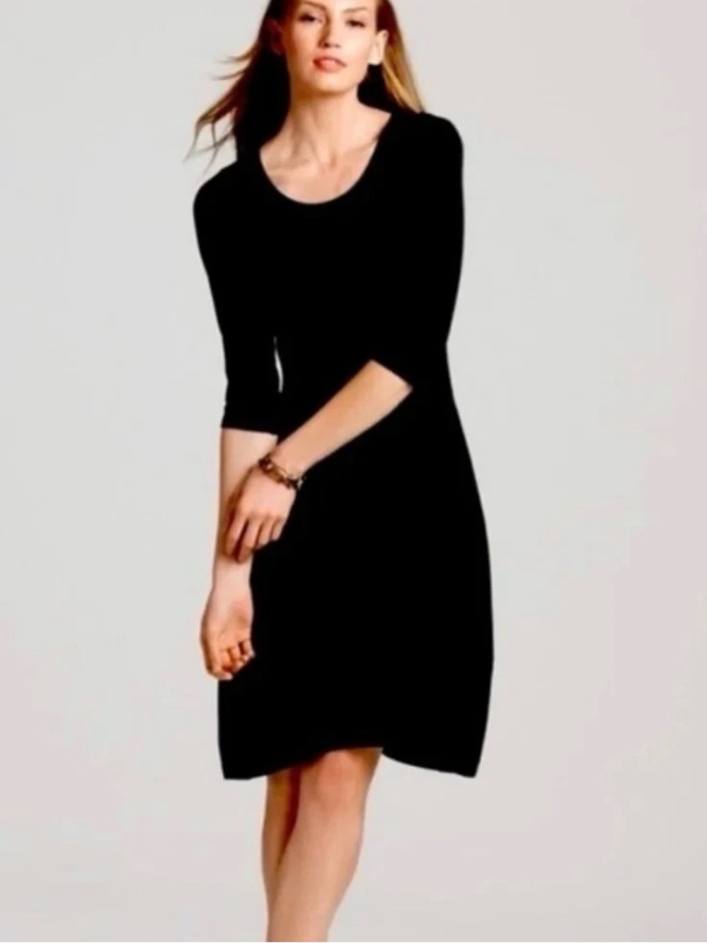 Eileen Fisher A-Line 3/4 Sleeve Scoop Neck Stretch Black Dress Size XS